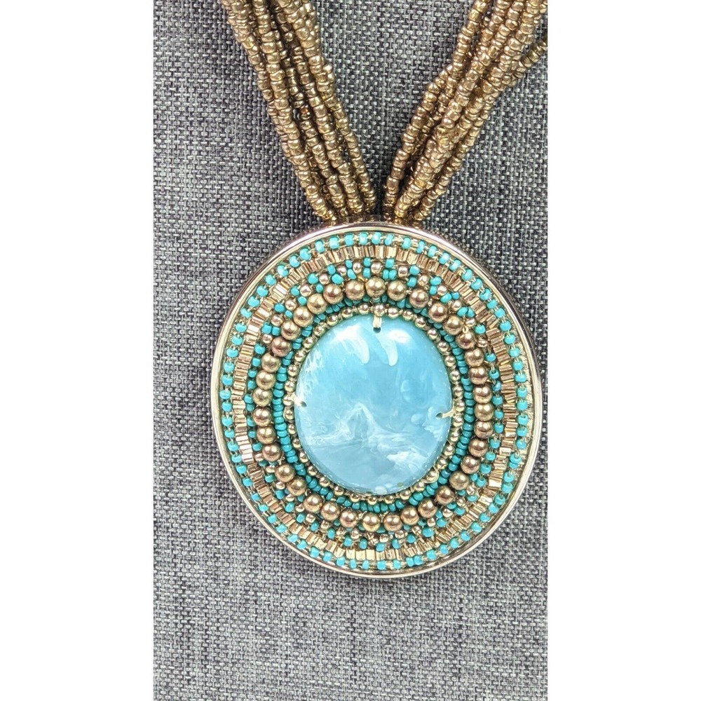 CHICOS MINA Faux Turquoise Statement Necklace Multi Strand Beaded Medallion - Picture 3 of 7